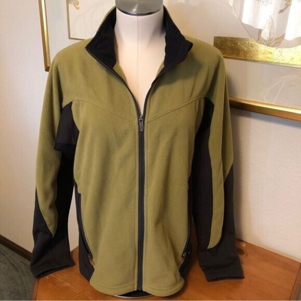 REI Women's Large Green Fleece Full Zip Jacket Black Side Panels Hiking Camping
